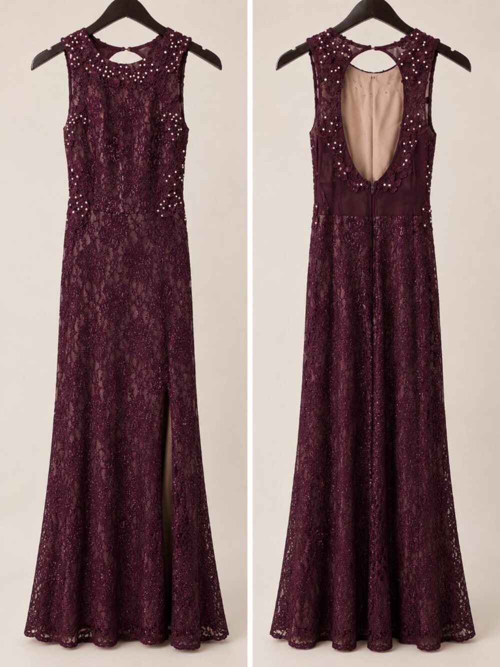 Burgundy Lace Gown Front and Back